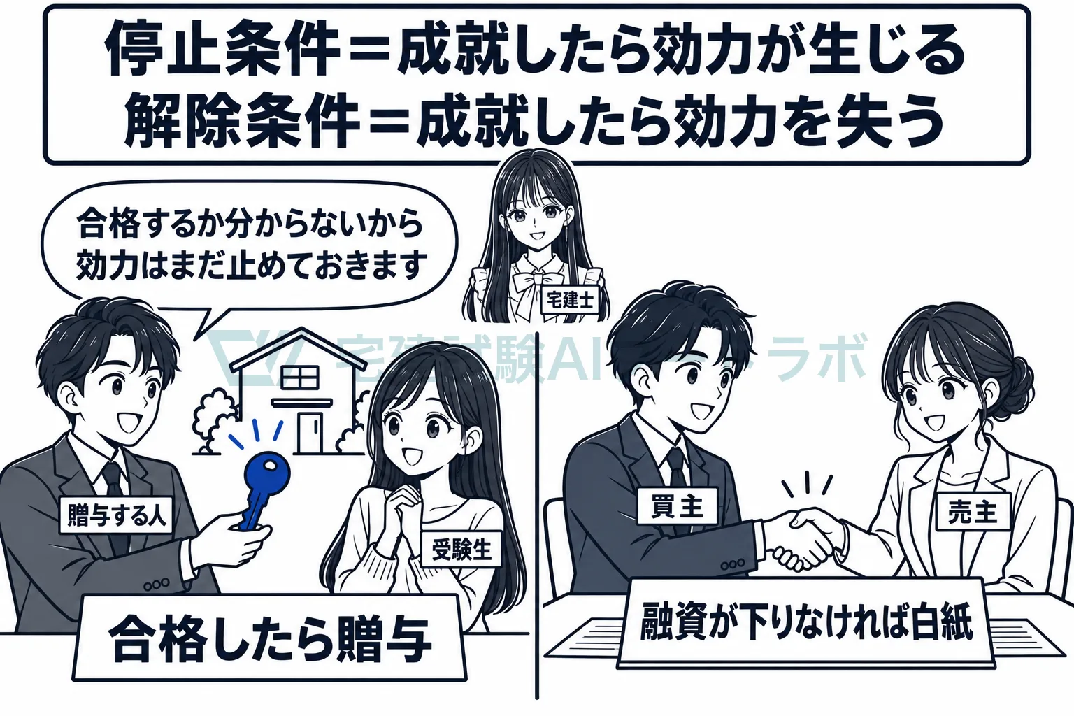 合格したら効力が生じるのが停止条件、だめなら効力を失うのが解除条件。