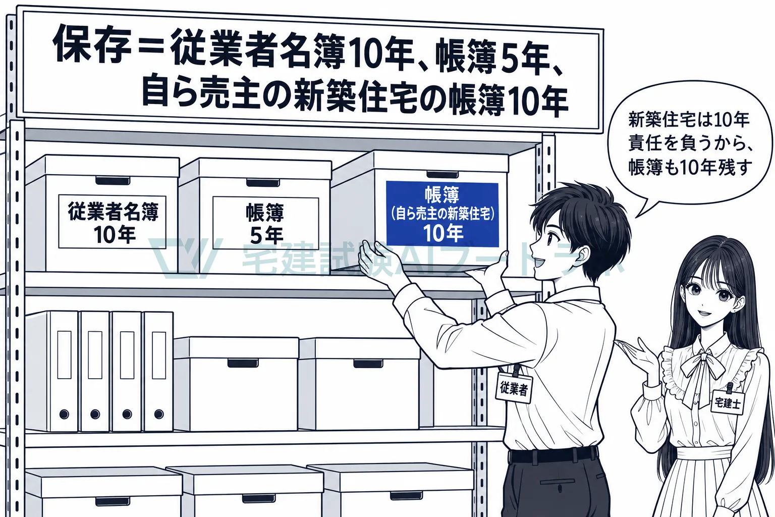 従業者名簿は10年、帳簿は閉鎖後5年、自ら売主の新築住宅の帳簿は10年。