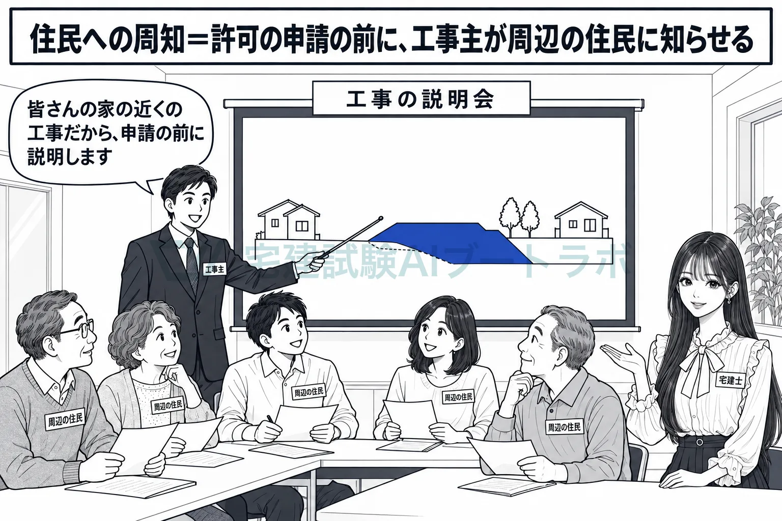 許可を申請する前に、工事主が周りの住民に工事の内容を知らせる。