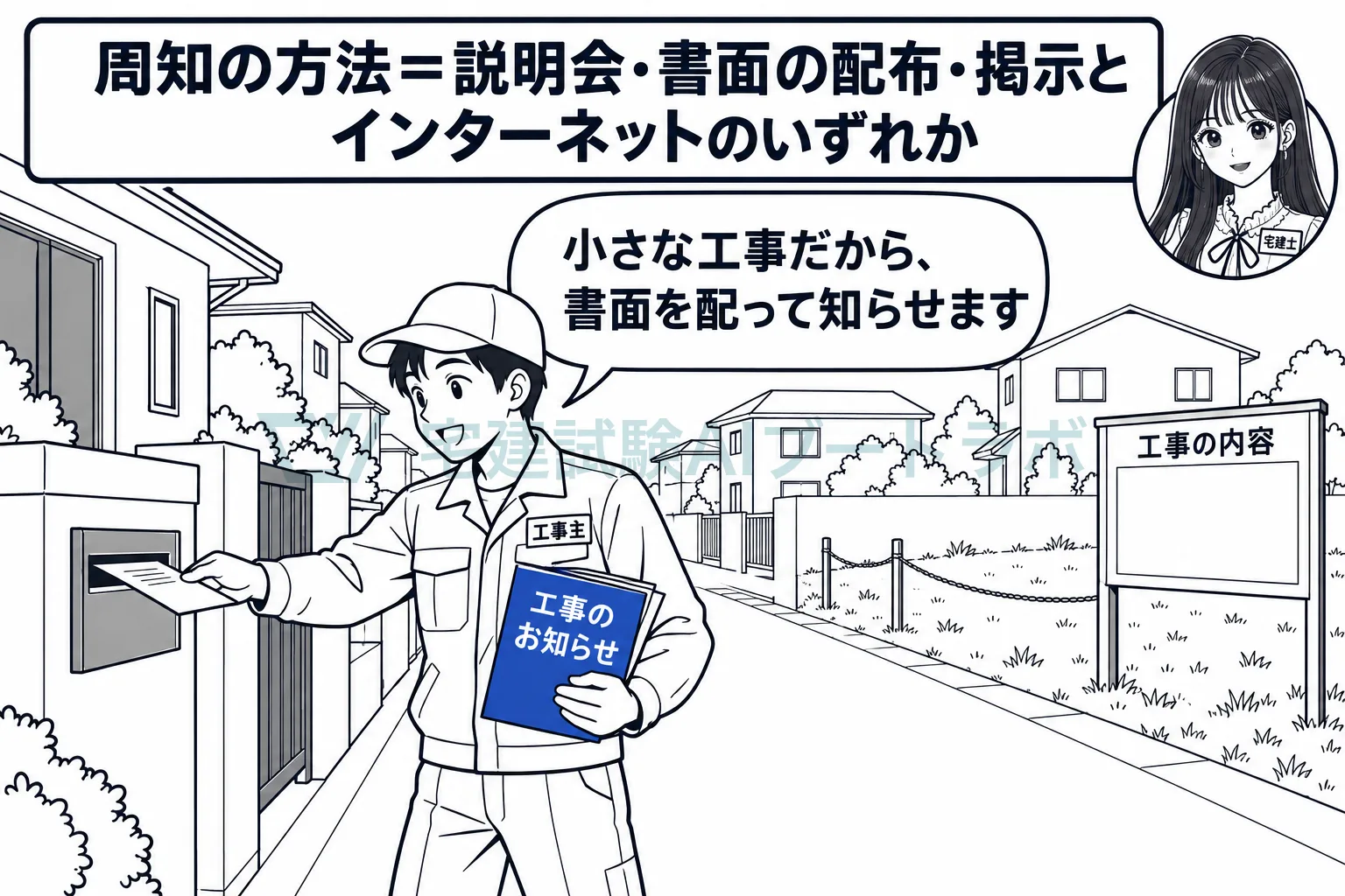 説明会のほか、書面を配る方法や、現地の掲示とインターネットでもよい。