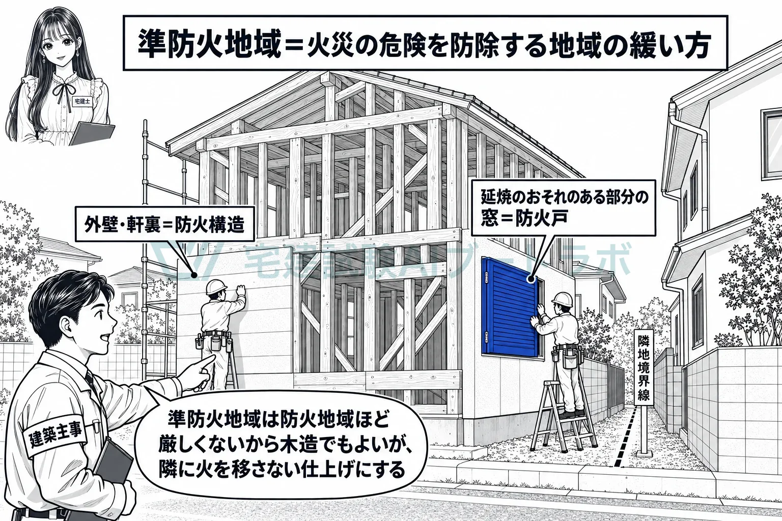 木造の家も建てられるが、窓には防火戸、外壁と軒裏は燃えにくい仕上げ。