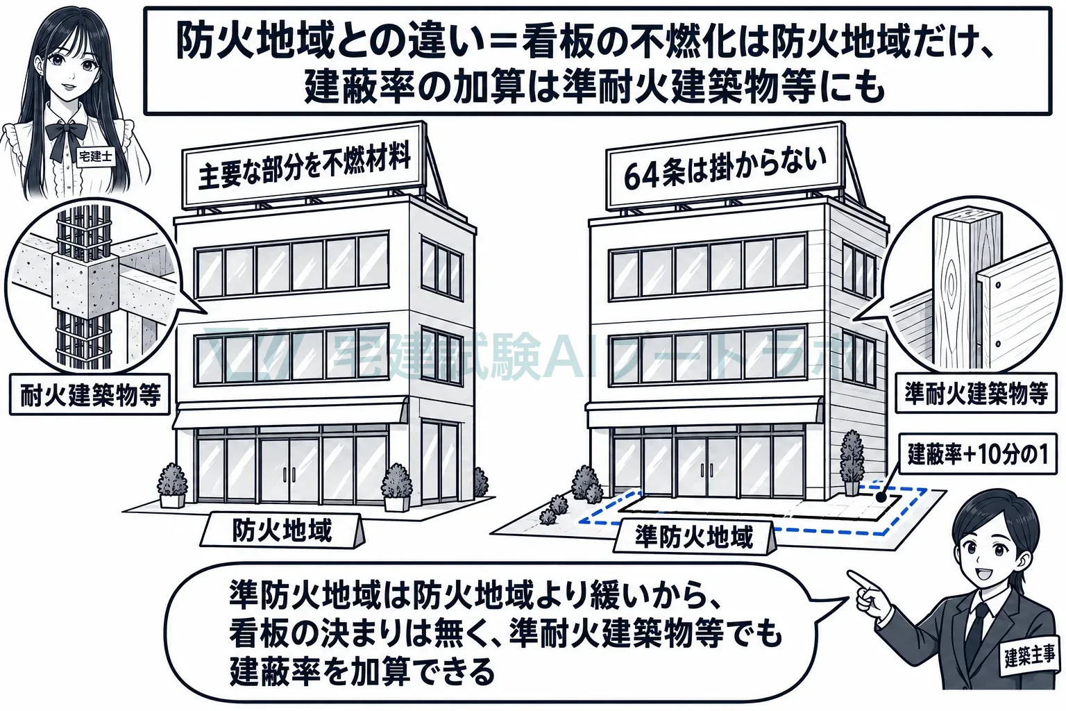 看板の不燃化は防火地域だけ、建蔽率の加算は準耐火建築物等にも。