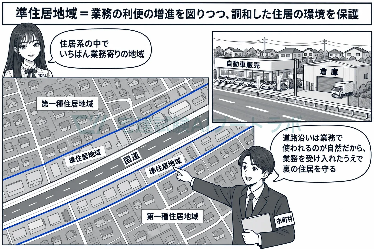 幹線道路沿いに業務を受け入れ、その裏の住居を守る。