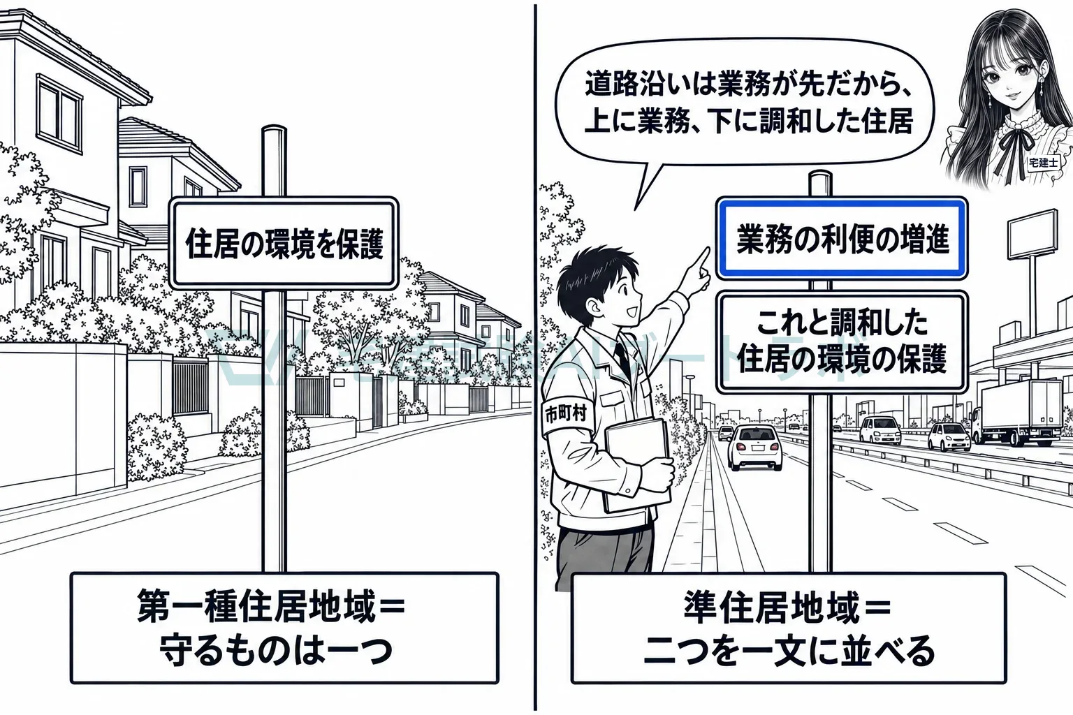 ほかの地域は守るものが一つ、準住居地域は業務と住居の二つ。