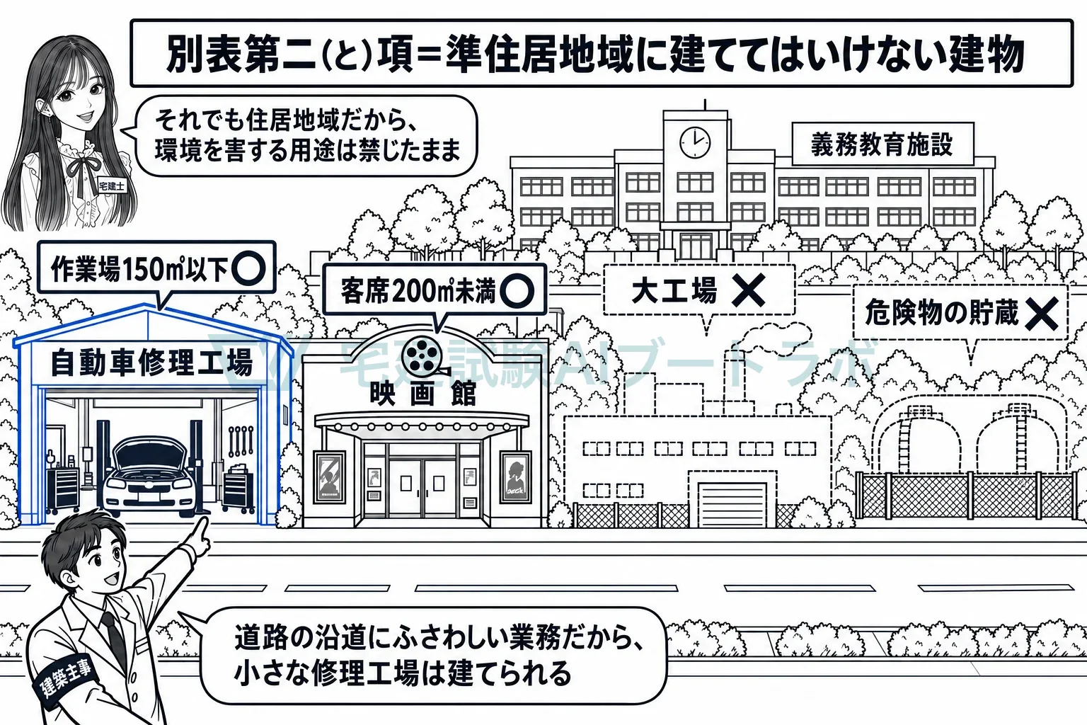 小さな自動車修理工場や映画館は建つが、危険物や大工場は建たない。