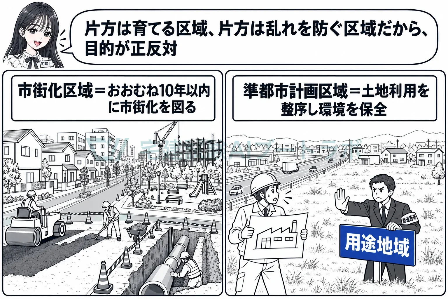 育てる市街化区域と、乱れを防ぐ準都市計画区域。目的が正反対。