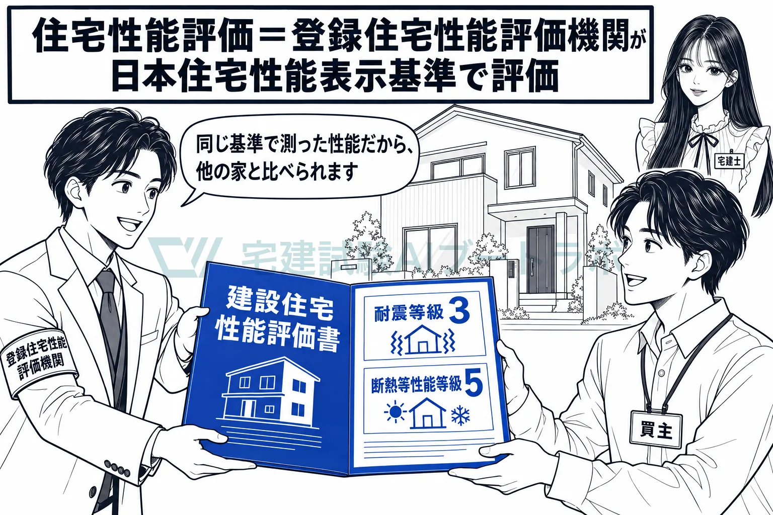 登録機関が共通の基準で住宅の性能を評価し、評価書を交付する。