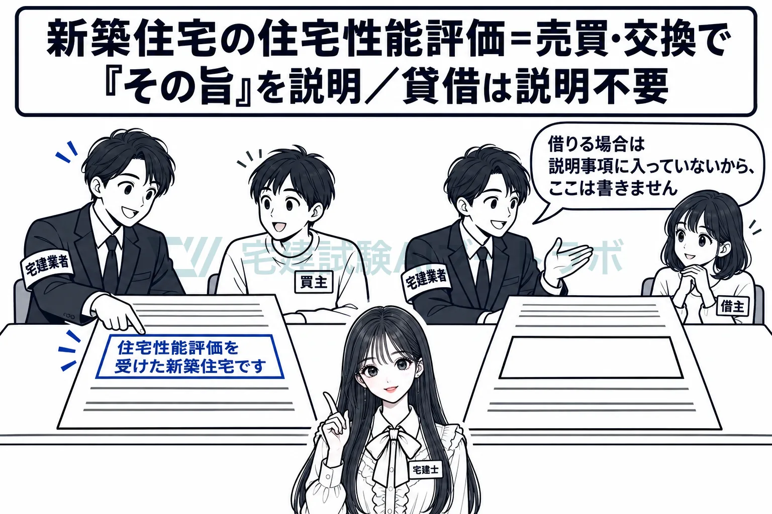 評価を受けた新築住宅である旨は、売買では説明し、貸借では説明しない。