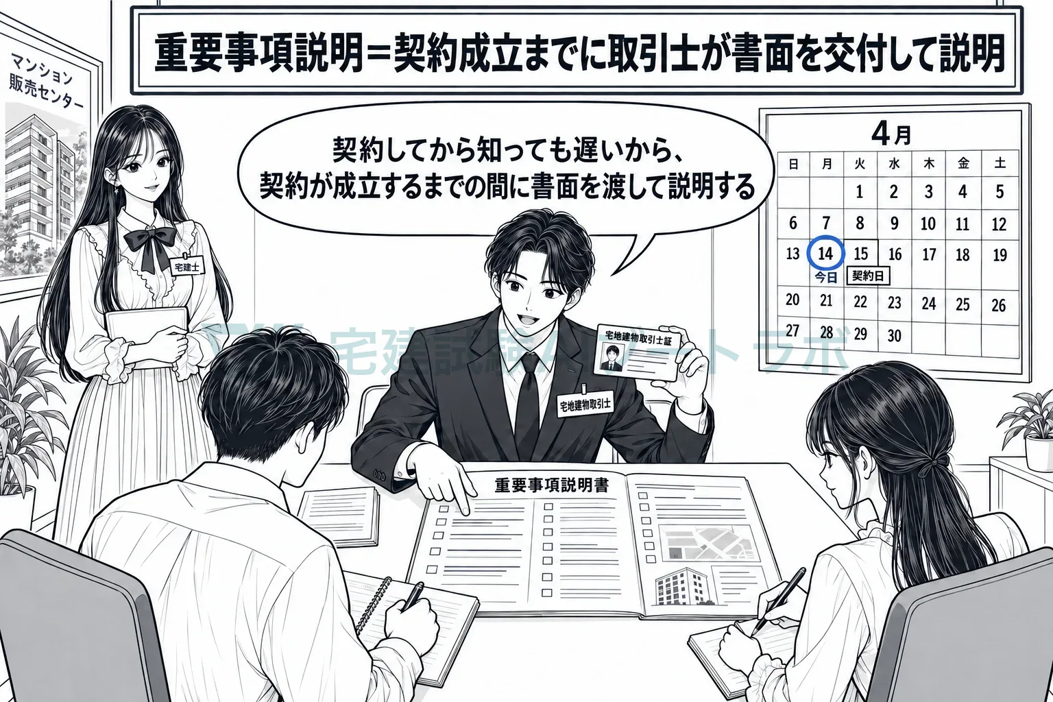 契約の前に、取引士が書面を渡して説明する。