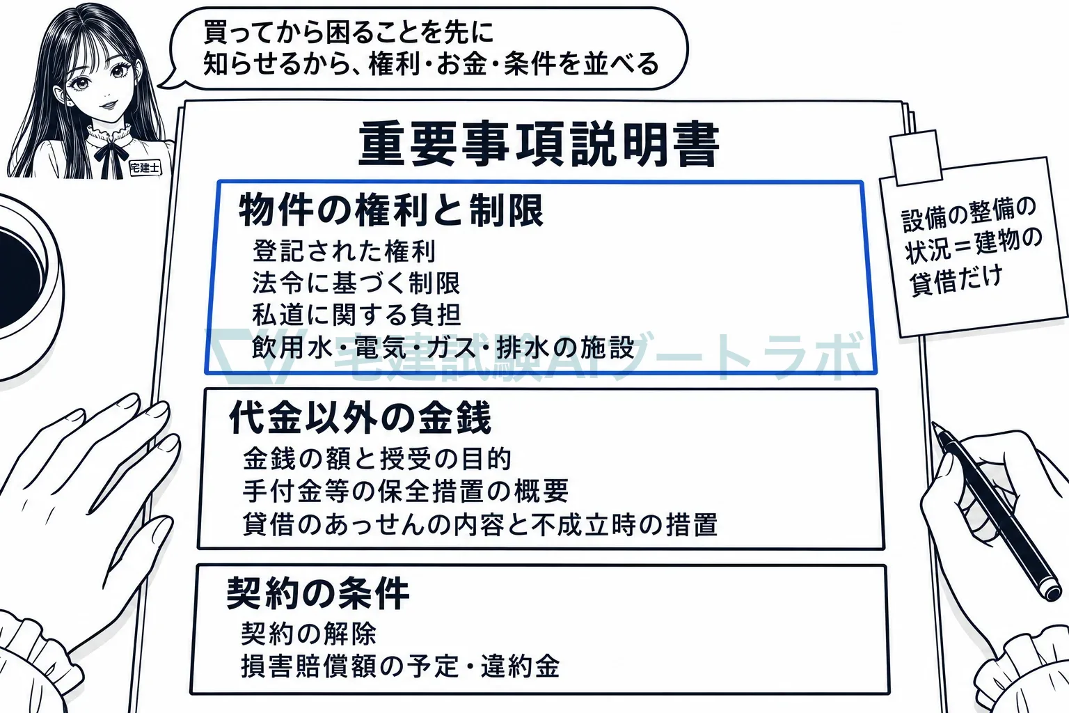 物件の権利と制限、金銭、契約の条件の三つを説明する。