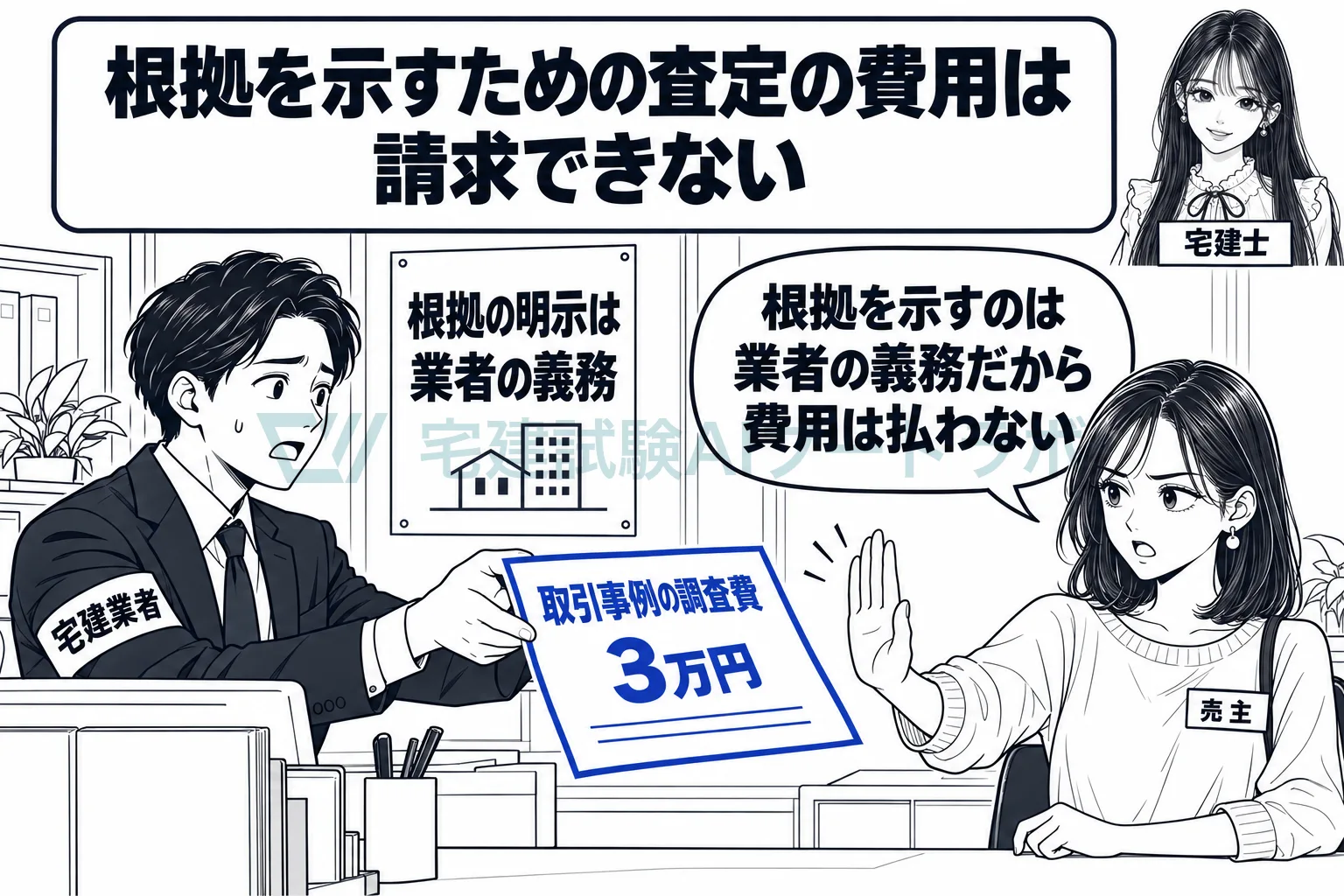 根拠を示すのは業者の義務だから、査定の費用は依頼者に請求できない。