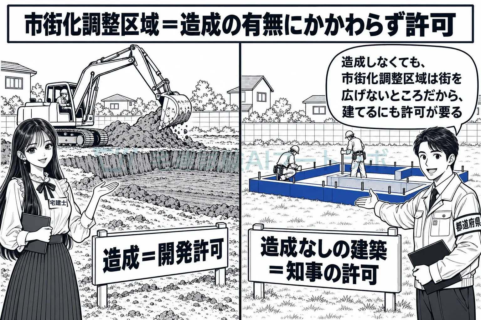 造成には開発許可、造成なしの建築にも知事の許可。