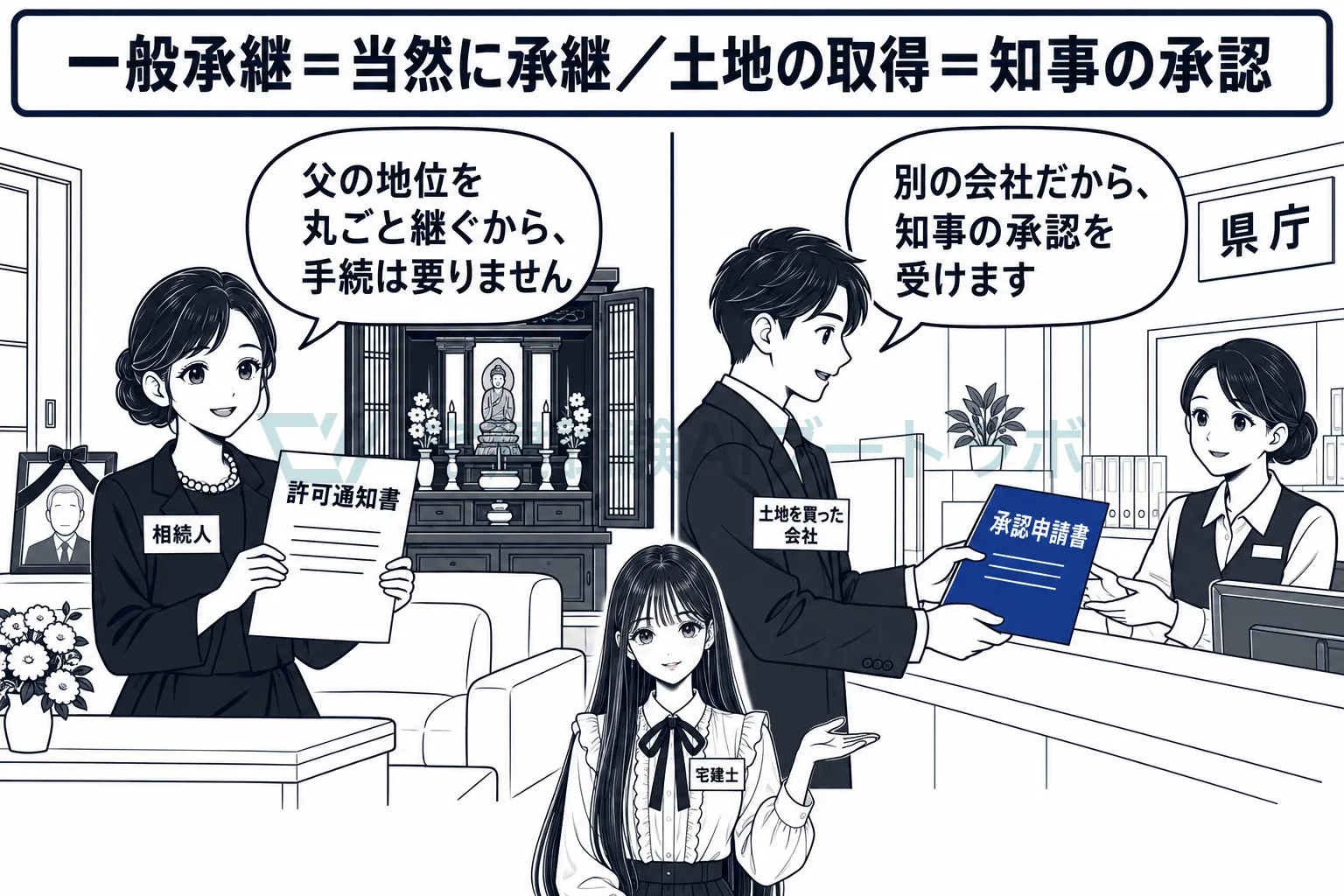相続人は手続なしで継ぎ、土地を買った会社は知事の承認を受けて継ぐ。