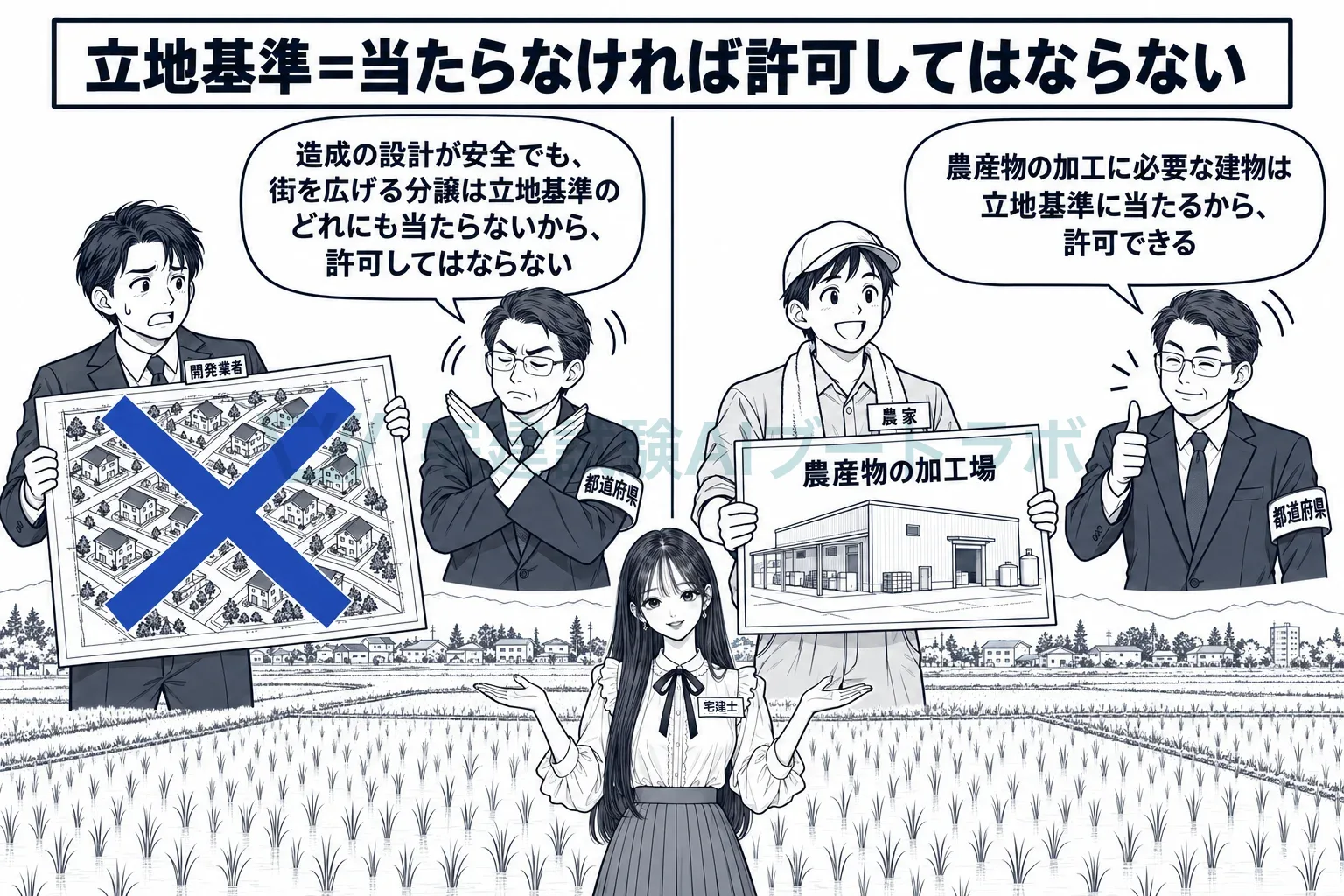 分譲住宅は立地基準に当たらないから許可できず、農産物の加工場なら許可できる。