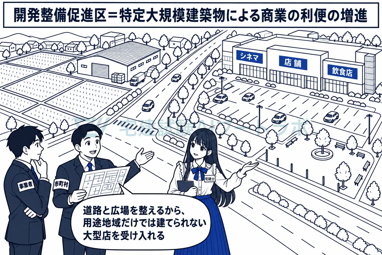 道路と広場を整えながら、郊外に大型の集客施設を受け入れる。