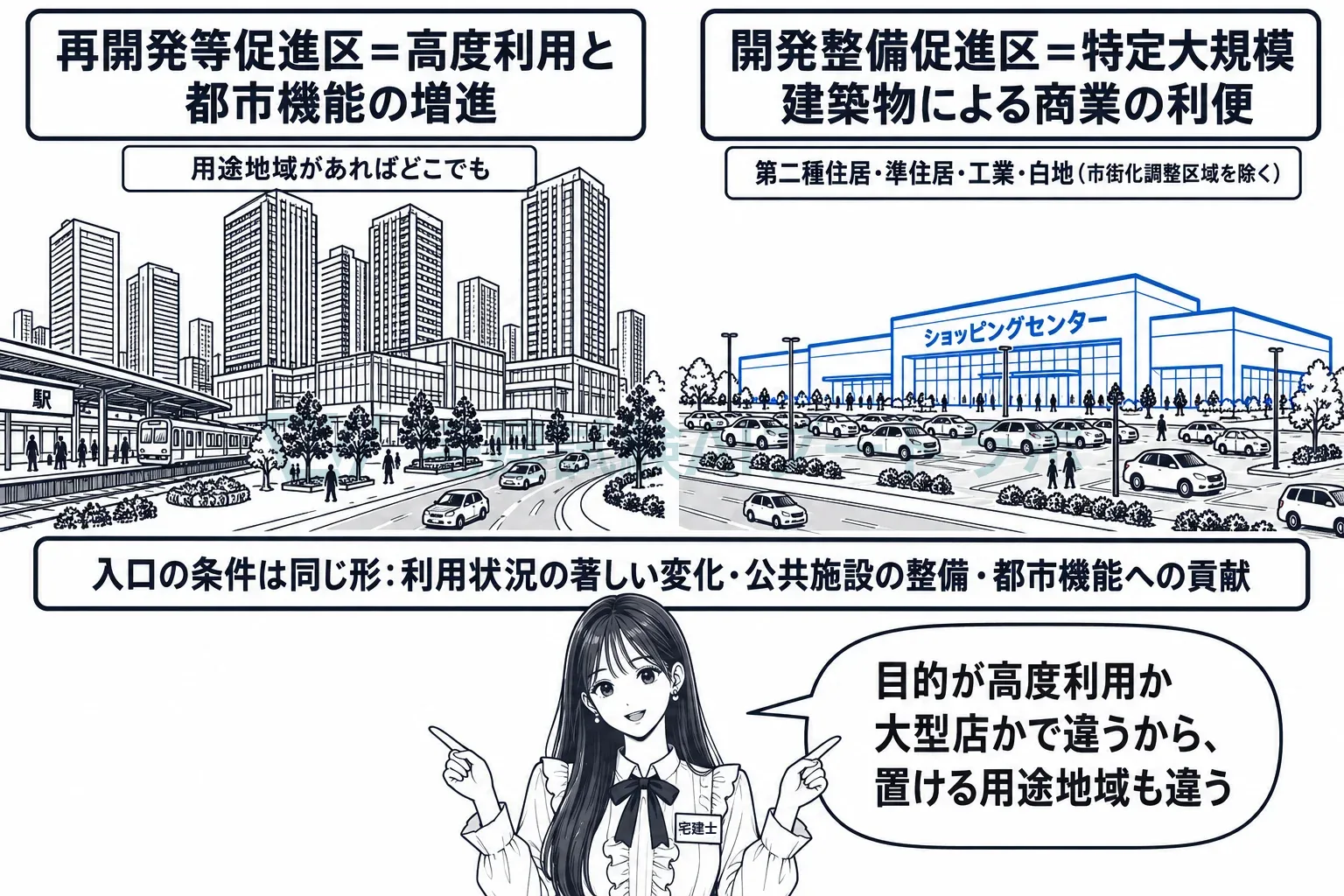 高く使う再開発等促進区と、大型店を受け入れる開発整備促進区。