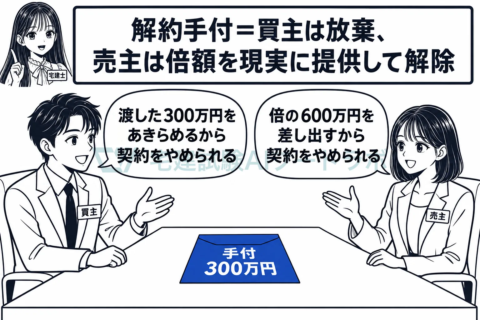 買主は手付を放棄し、売主は倍額を現実に提供して解除できる。
