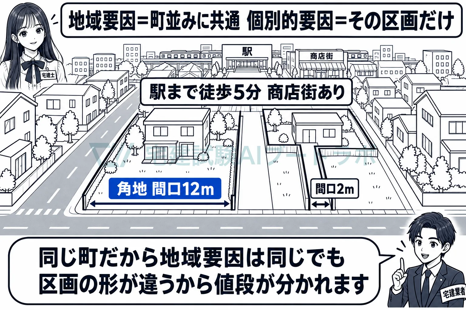 同じ町並みに共通するのが地域要因、その一区画だけの事情が個別的要因。