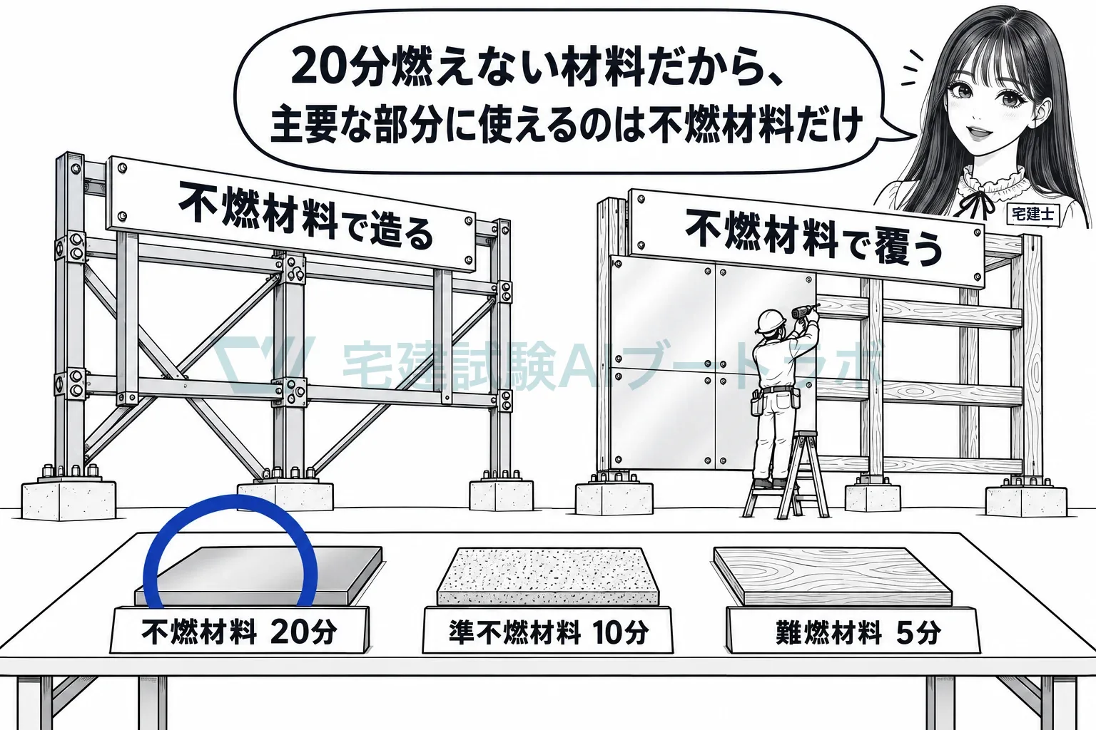 主要な部分を不燃材料で造るか、不燃材料で覆う。