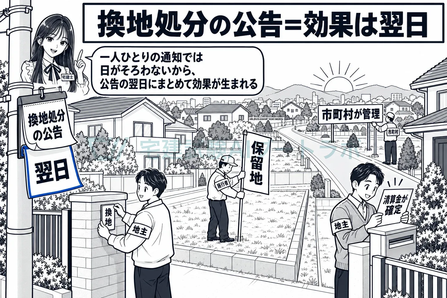 公告の翌日の朝、換地・保留地・清算金・道路の管理がいっせいに切り替わる。