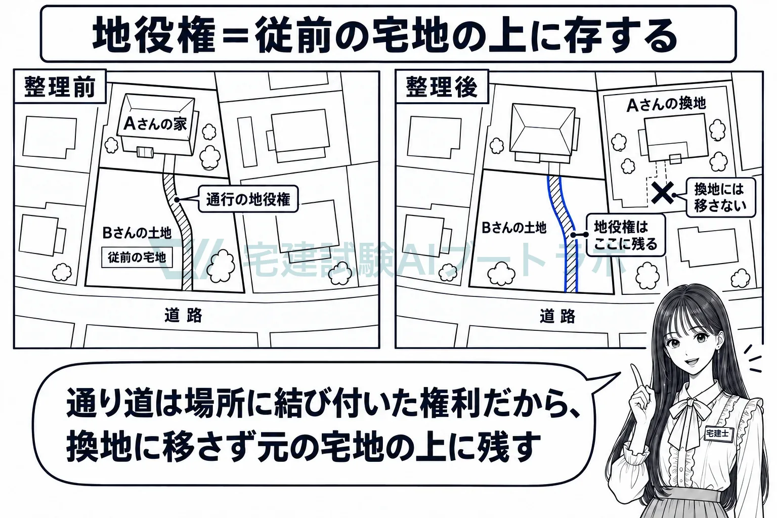 通り道の地役権は、換地に移さず元の場所に残る。