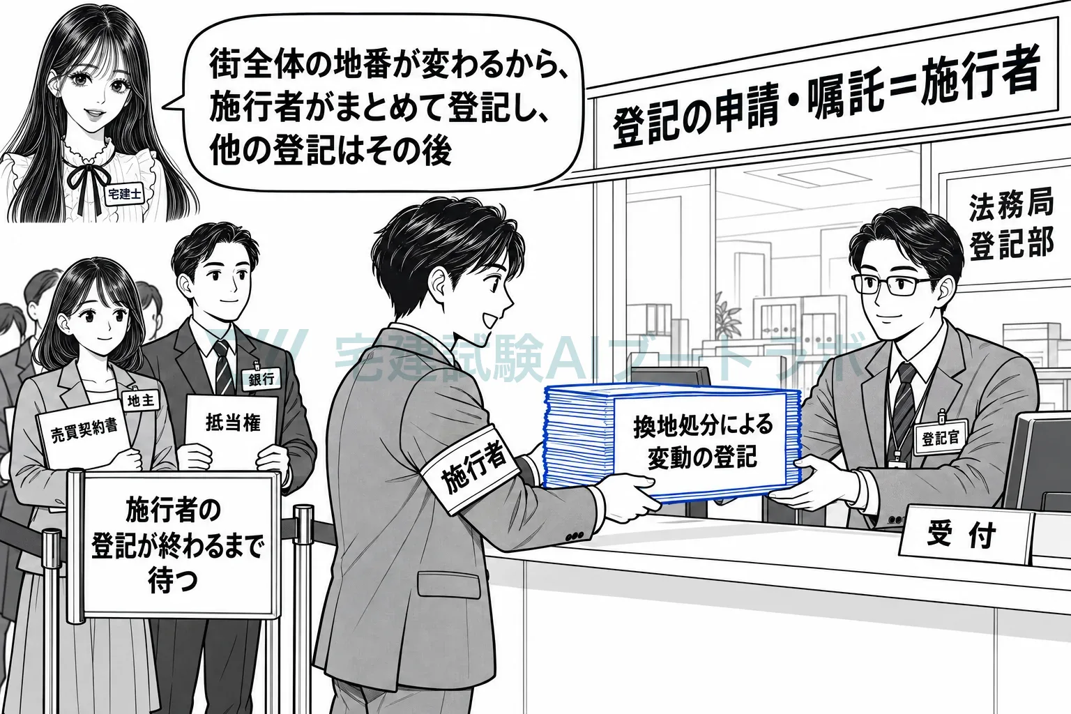登記は施行者がまとめて申請し、それが終わるまで他の登記は待つ。