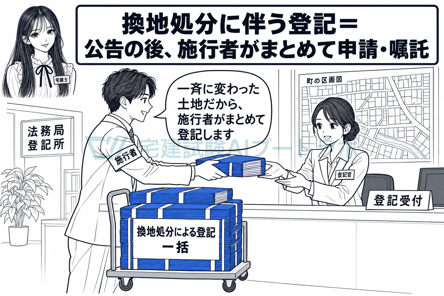 区画整理で変わった何百筆もの土地を、施行者がまとめて登記する。