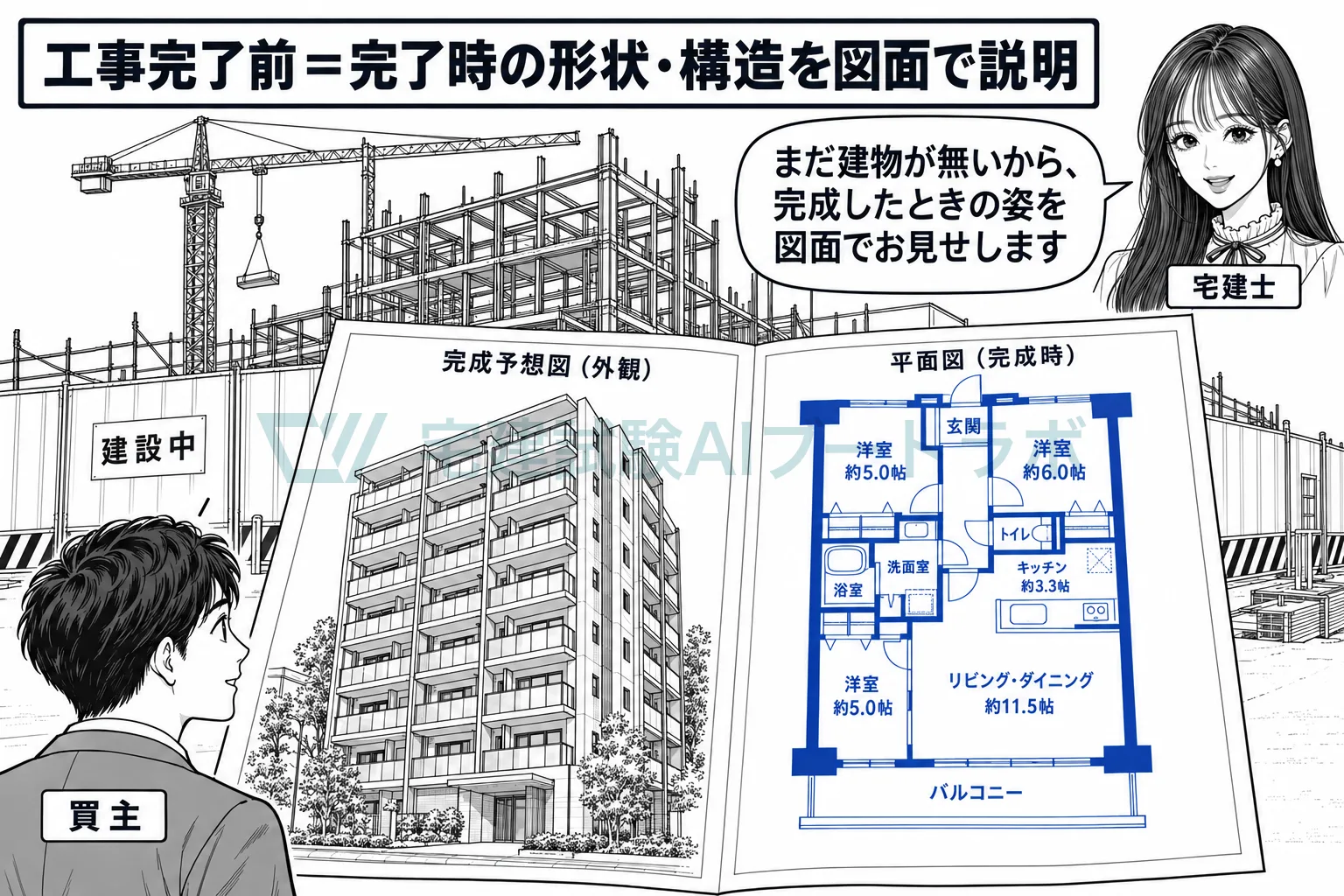 工事完了前の物件は、出来上がりの姿を図面で説明する。