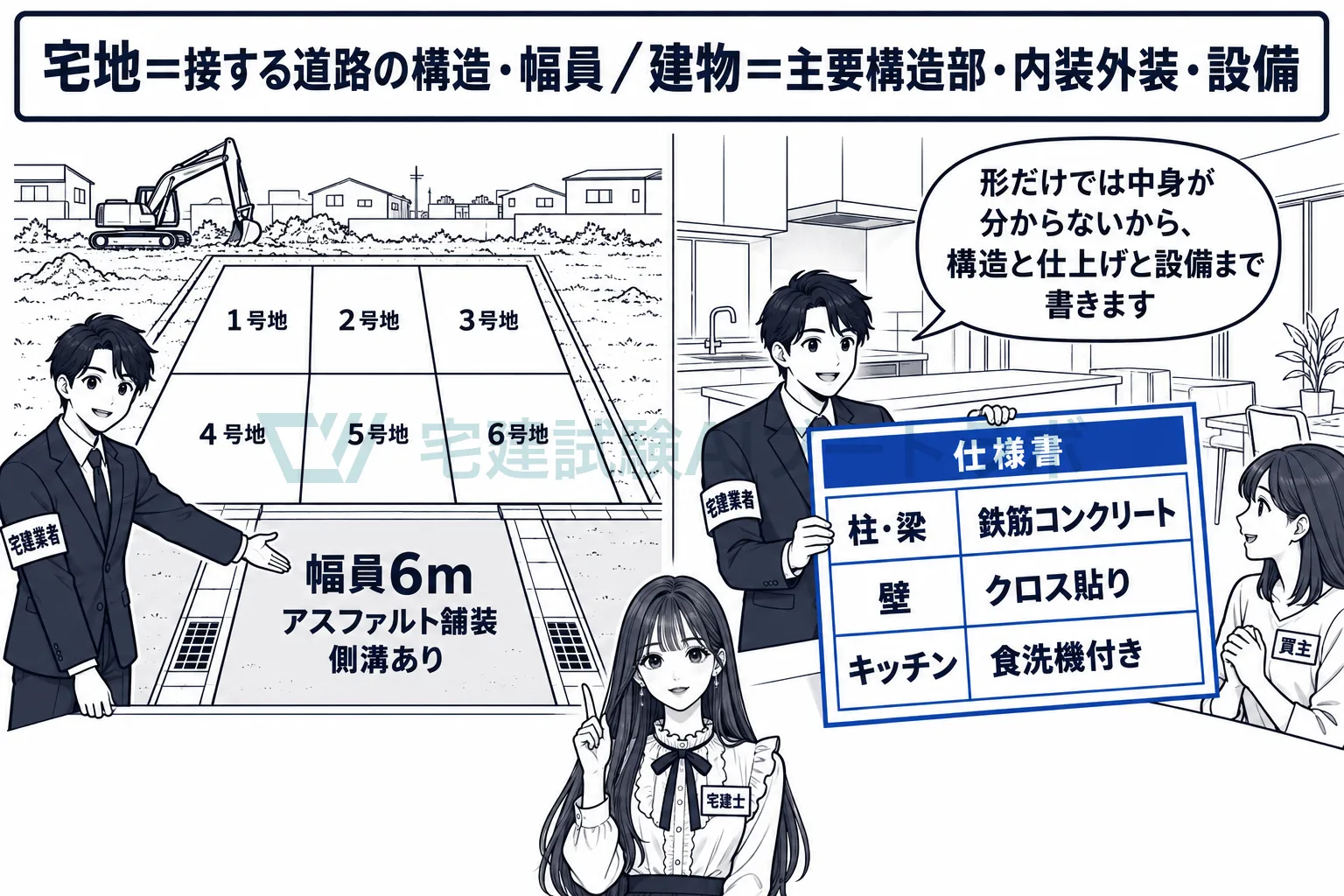 宅地は接する道路の構造と幅員、建物は主要構造部・内装外装・設備まで説明する。