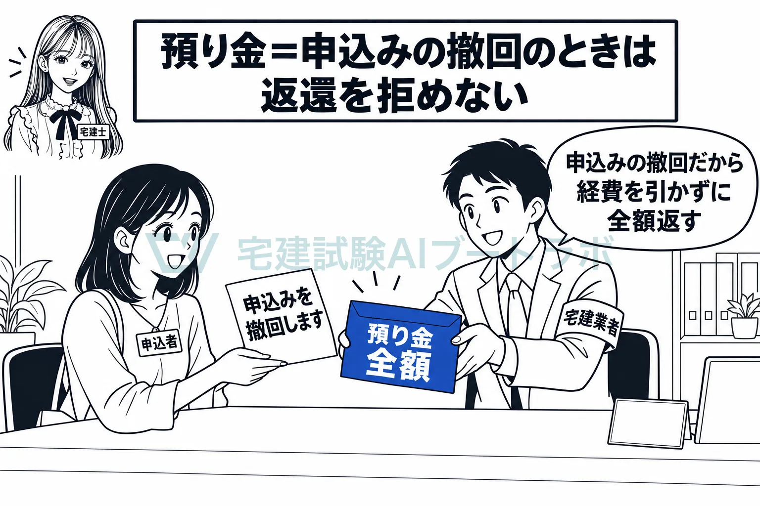 申込みを撤回されたら、預り金は差し引かずに返す。