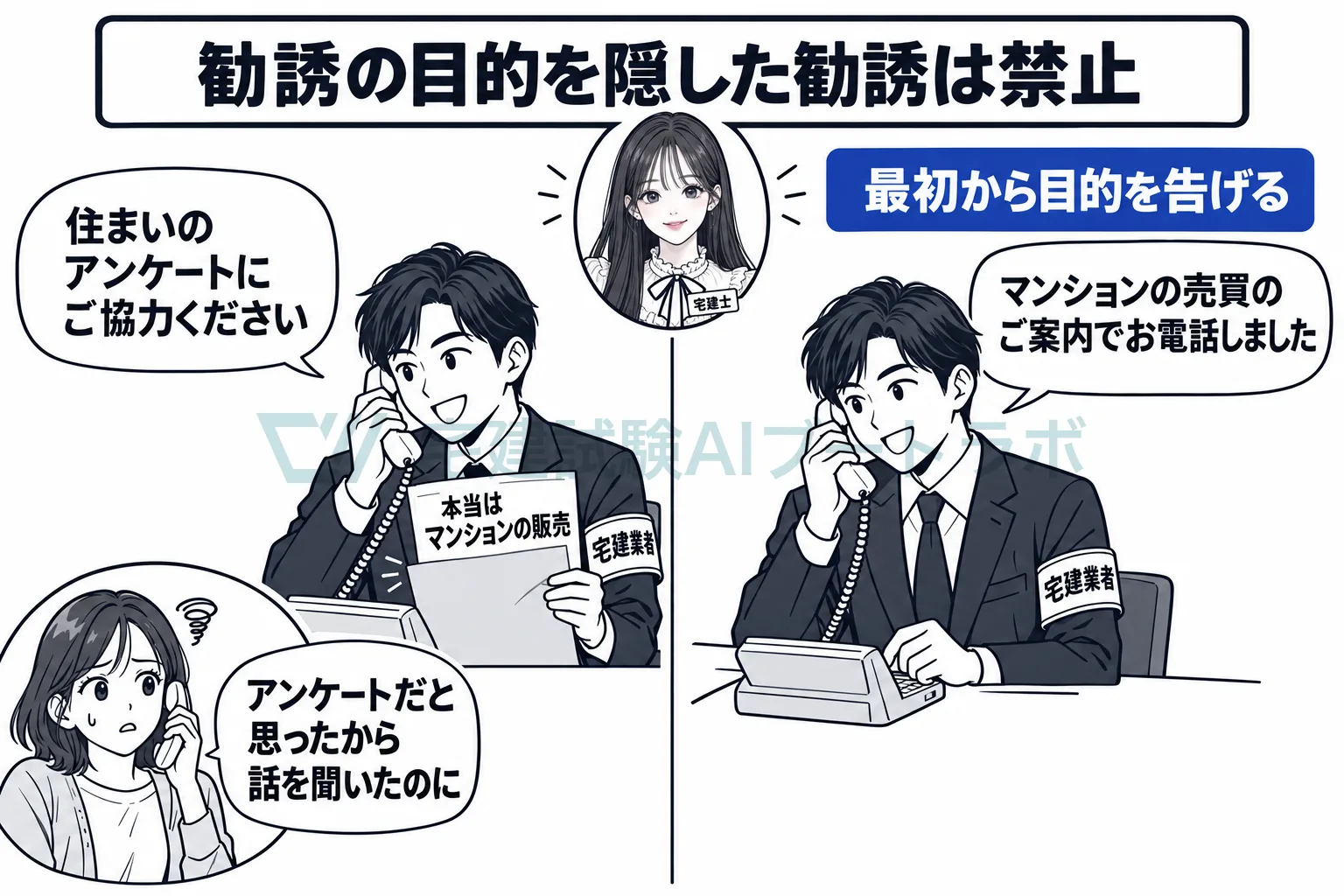 アンケートを装って、勧誘の目的を隠してはいけない。