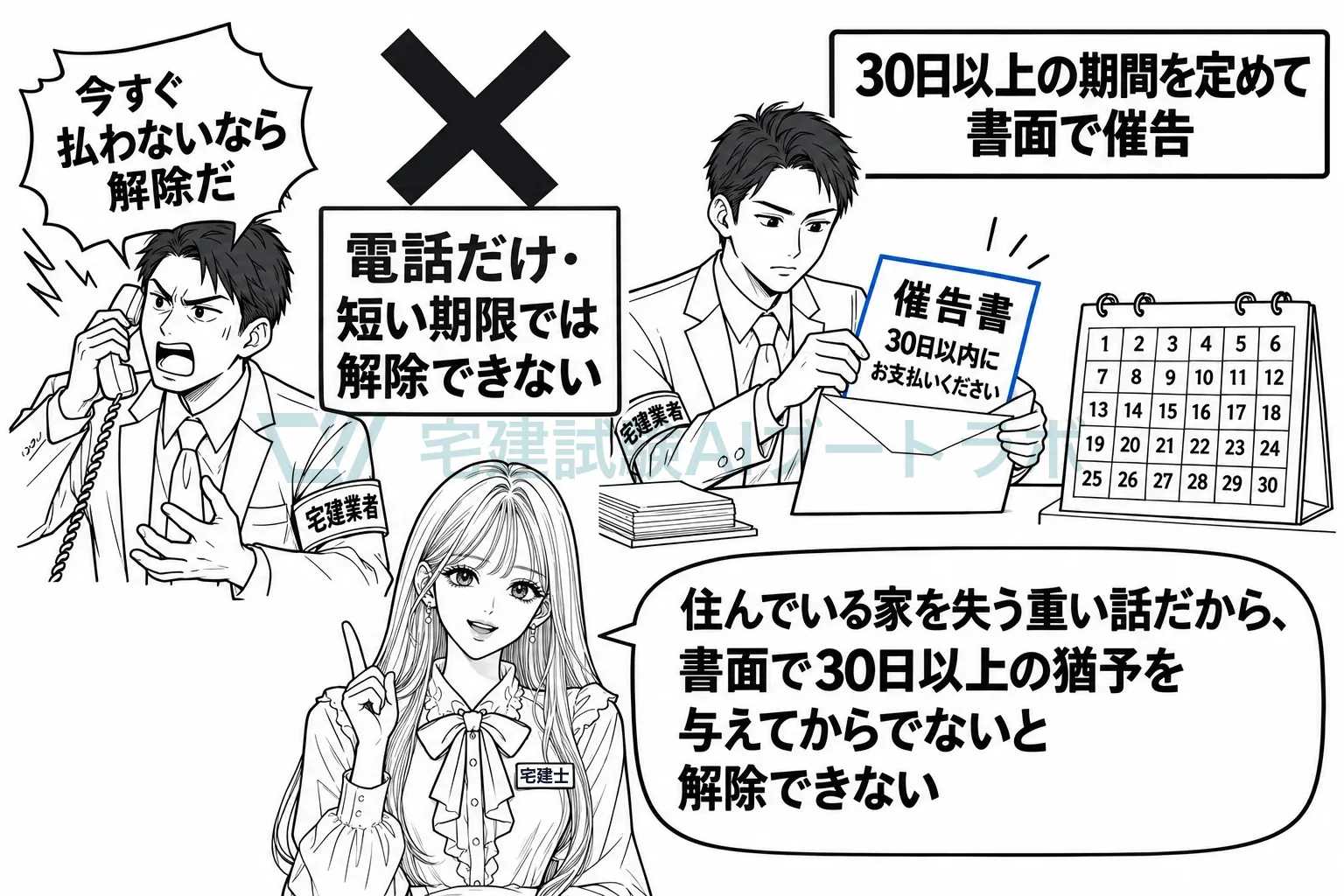 解除の前に、30日以上の期間を書いた催告書を送る。