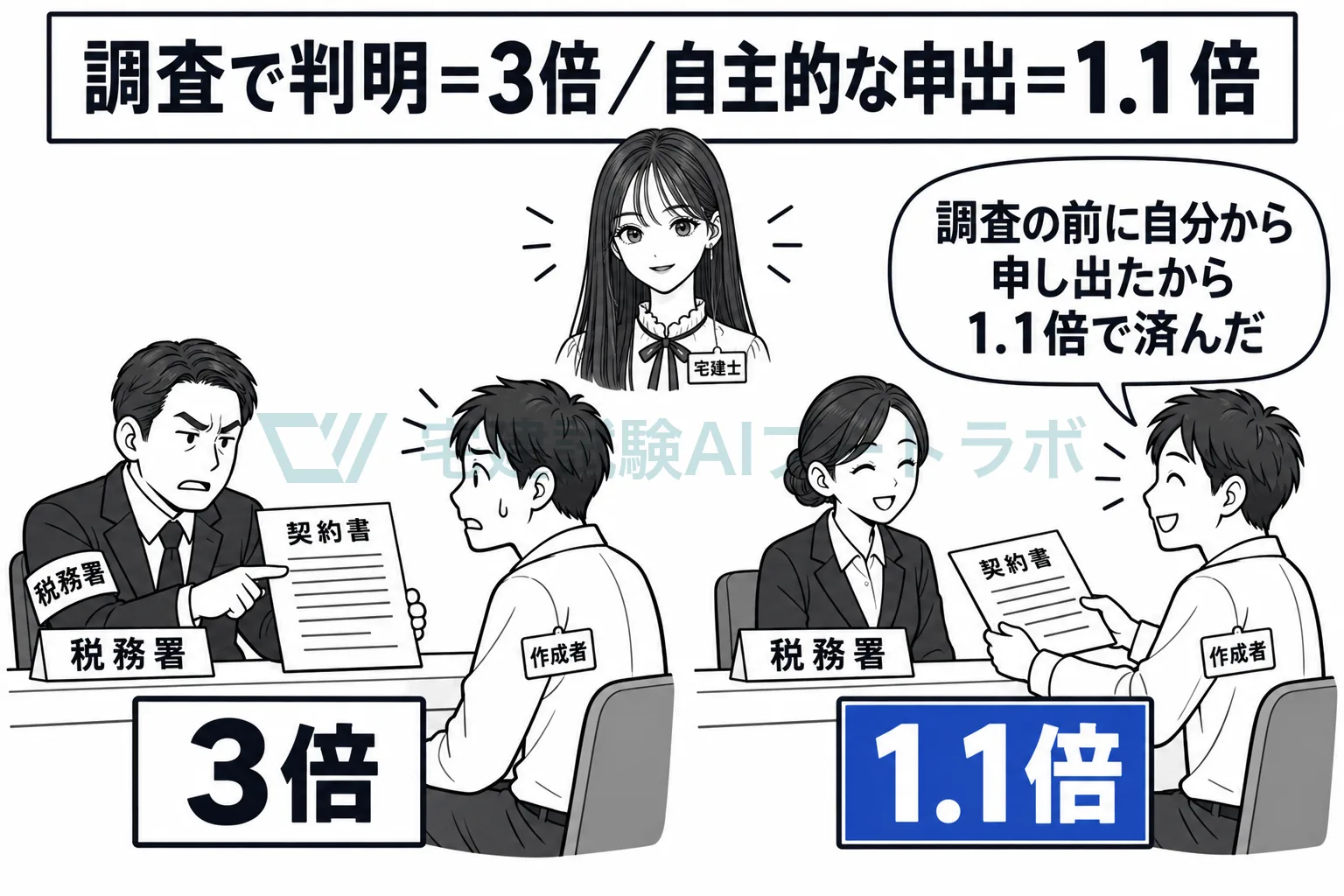 調査で見つかれば3倍、自分から申し出れば1.1倍。