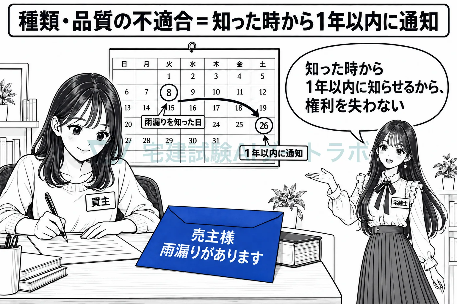 不適合を知った時から1年以内に、売主へ通知する。