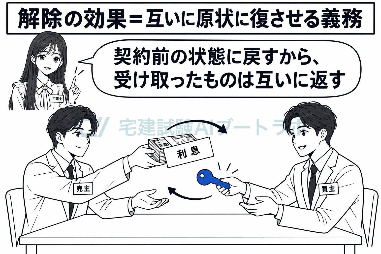 解除すると、代金も物も、互いに受け取ったものを返し合う。