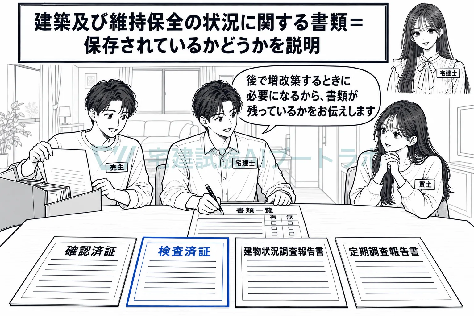 中古住宅の売買では、確認済証や検査済証などが残っているかを説明する。
