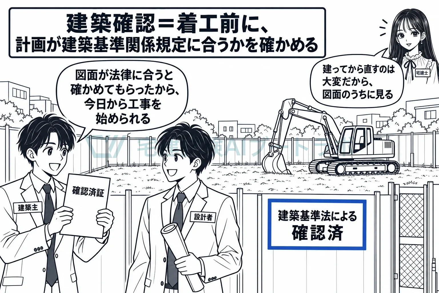 図面が法律に合うと確かめてから、工事を始める。