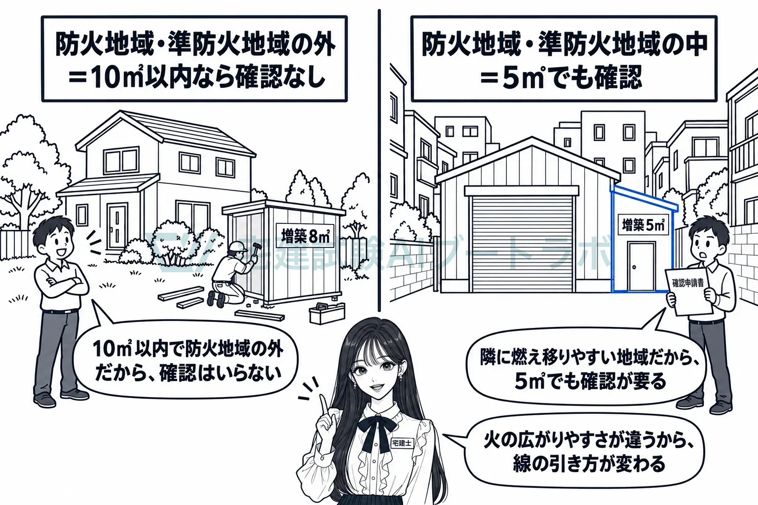 防火地域の外なら小さな増築は確認なし、中なら5㎡でも確認。