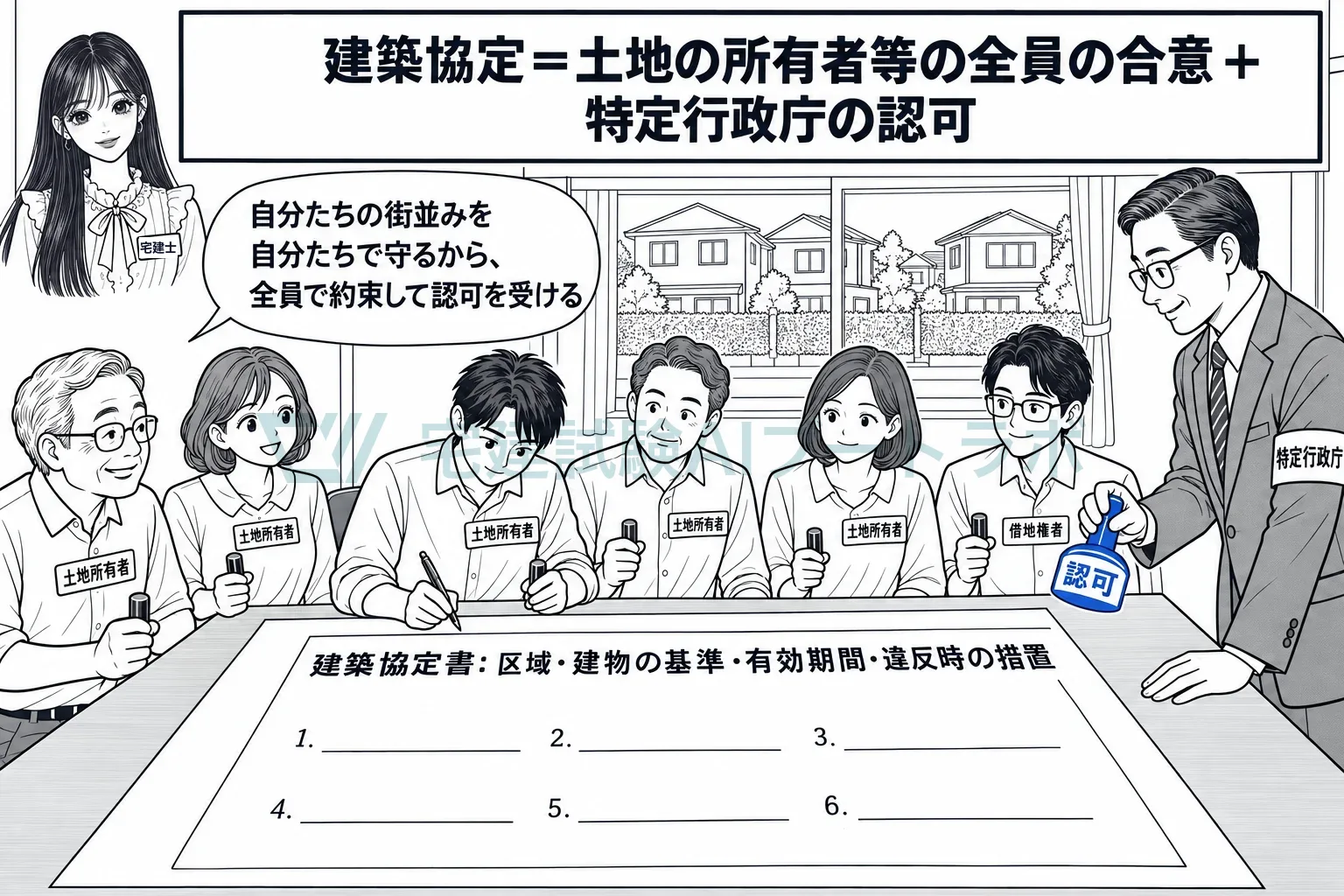 住民全員で結んだ建て方の約束に、特定行政庁の認可で効力を持たせる。