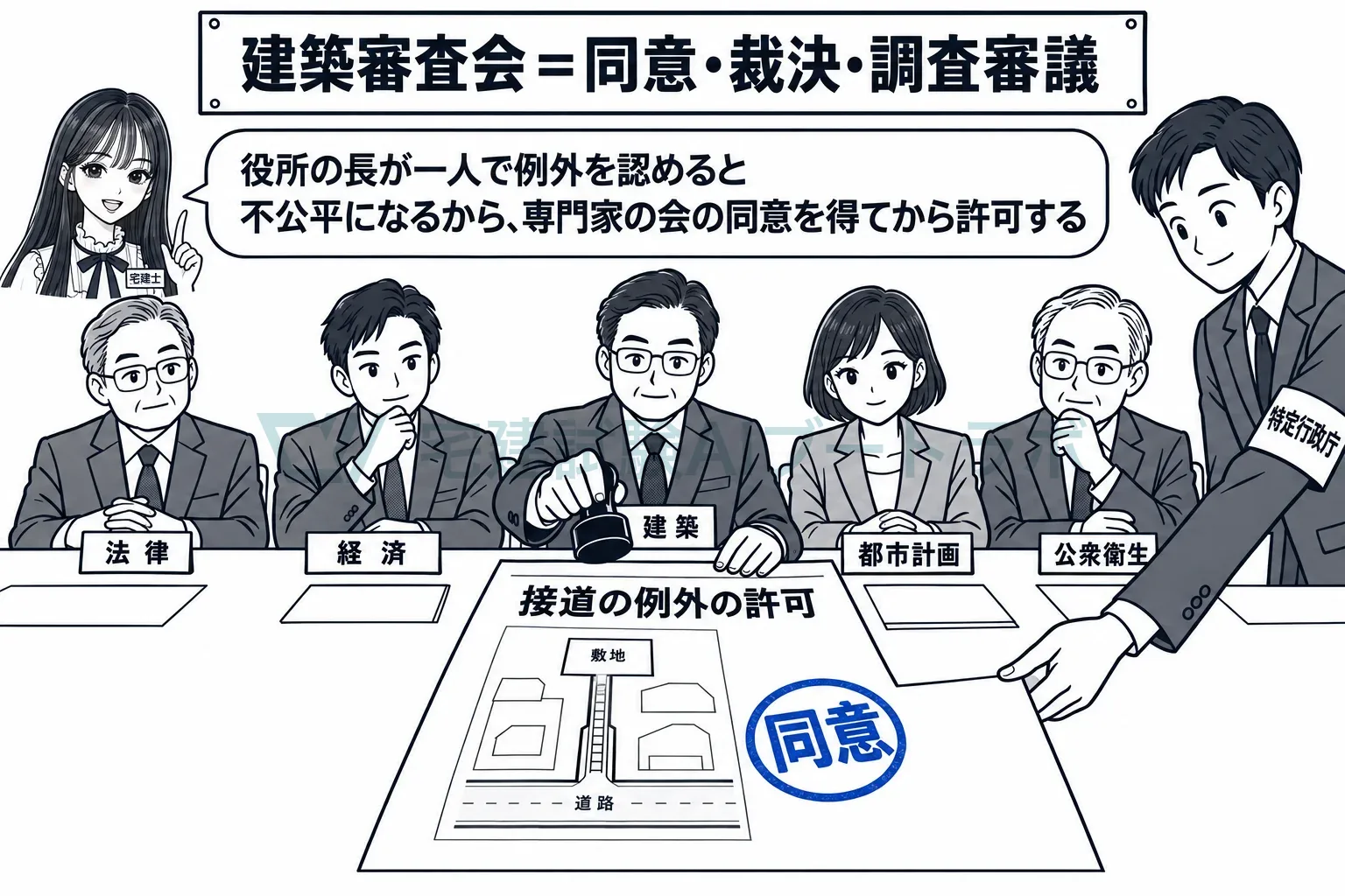 役所の長が一人で例外を認めると不公平だから、専門家の会が同意する。