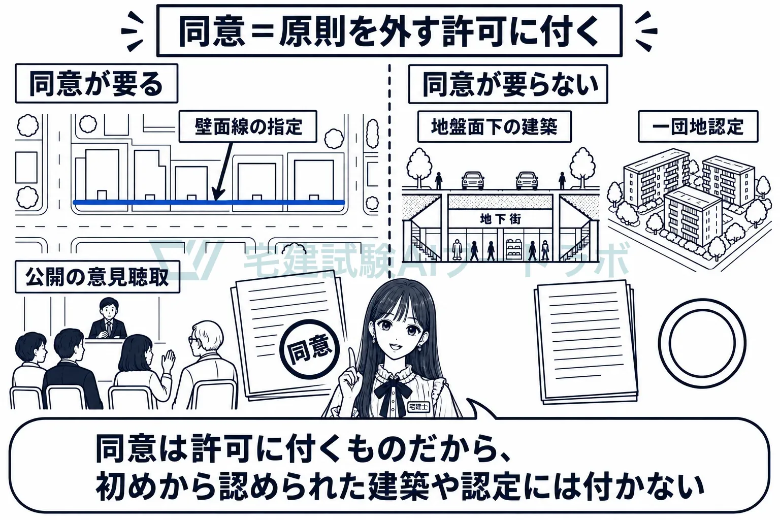 許可には同意が付き、地盤面下の建築や一団地認定には付かない。