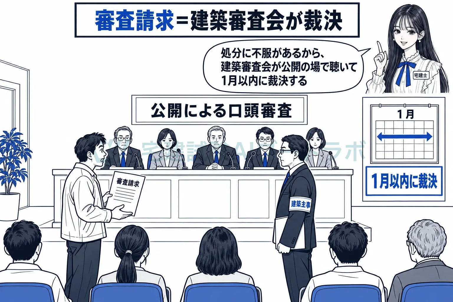 確認の取消しを求める審査請求は、公開の口頭審査で1月以内に裁決。