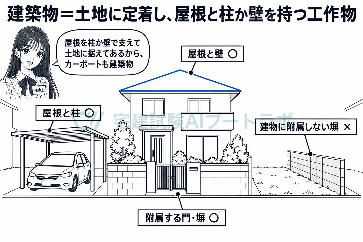 屋根と柱か壁があれば建築物で、附属する門と塀も仲間に入る。