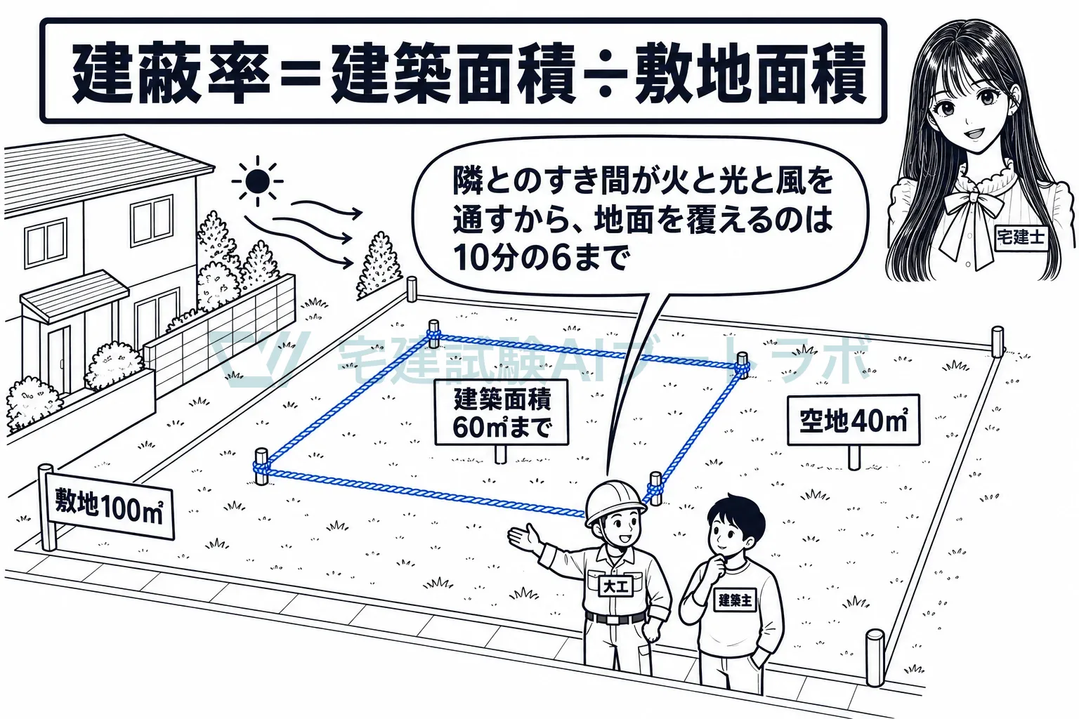 敷地100㎡に建蔽率10分の6なら、地面を覆えるのは60㎡まで。