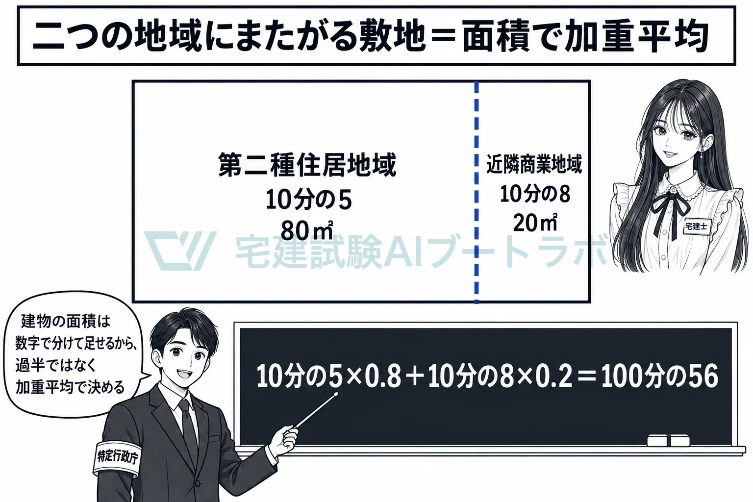 二つの地域にまたがる敷地は、面積で加重平均する。