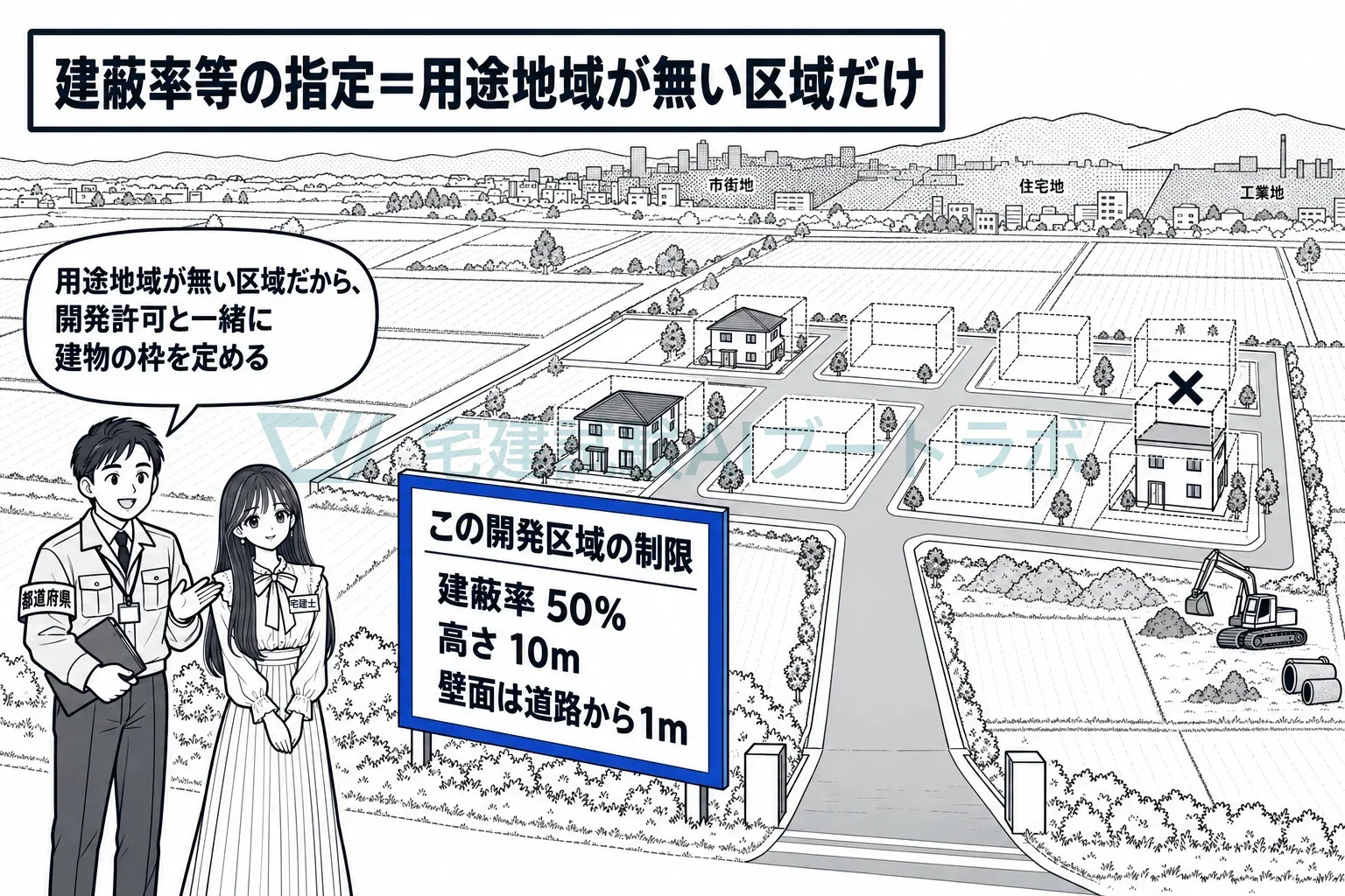 用途地域が無い区域の造成地に、知事が開発許可と一緒に建物の枠を定める。