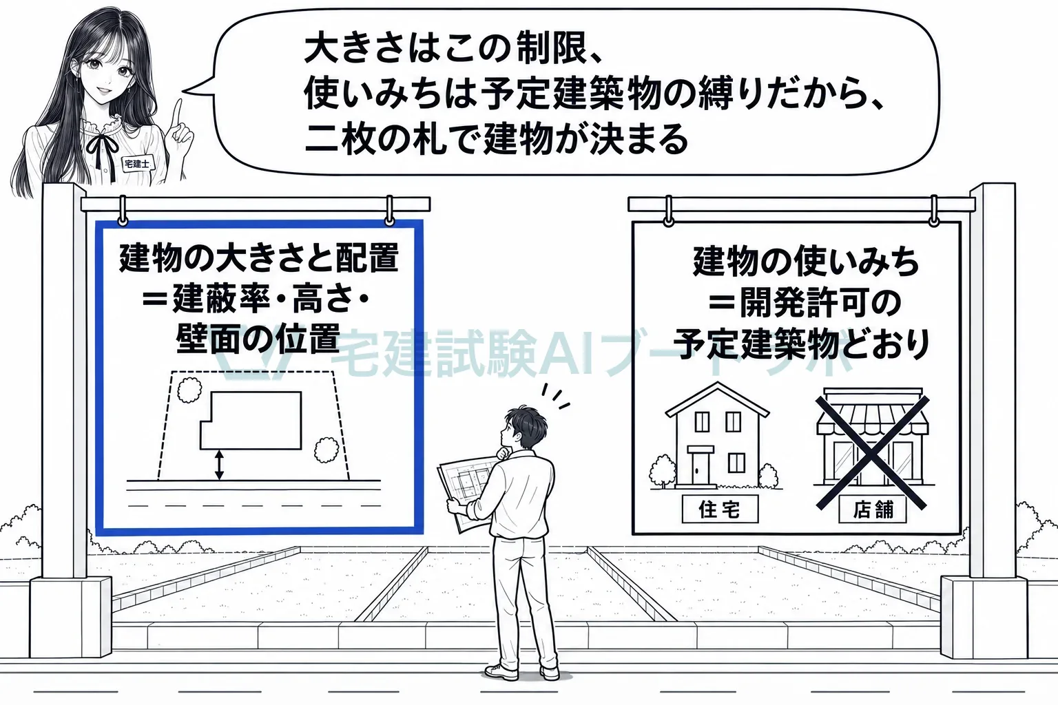 建物の大きさと配置はこの制限、使いみちは予定建築物の縛りで決まる。