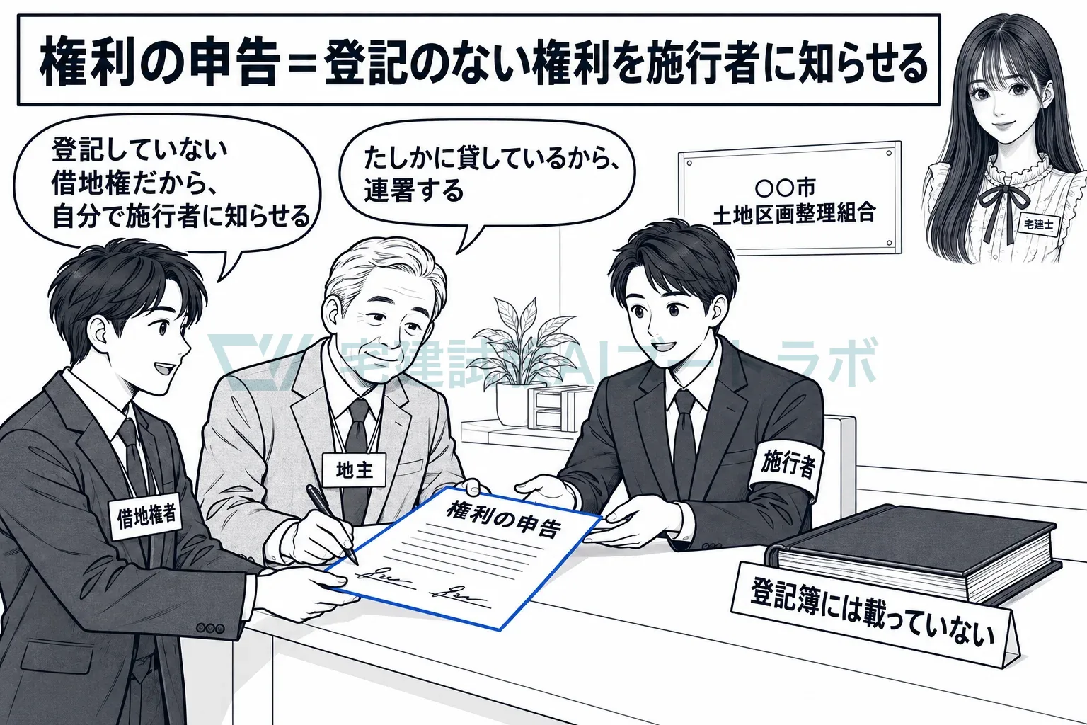 登記簿に載らない借地権は、自分から施行者に申告する。