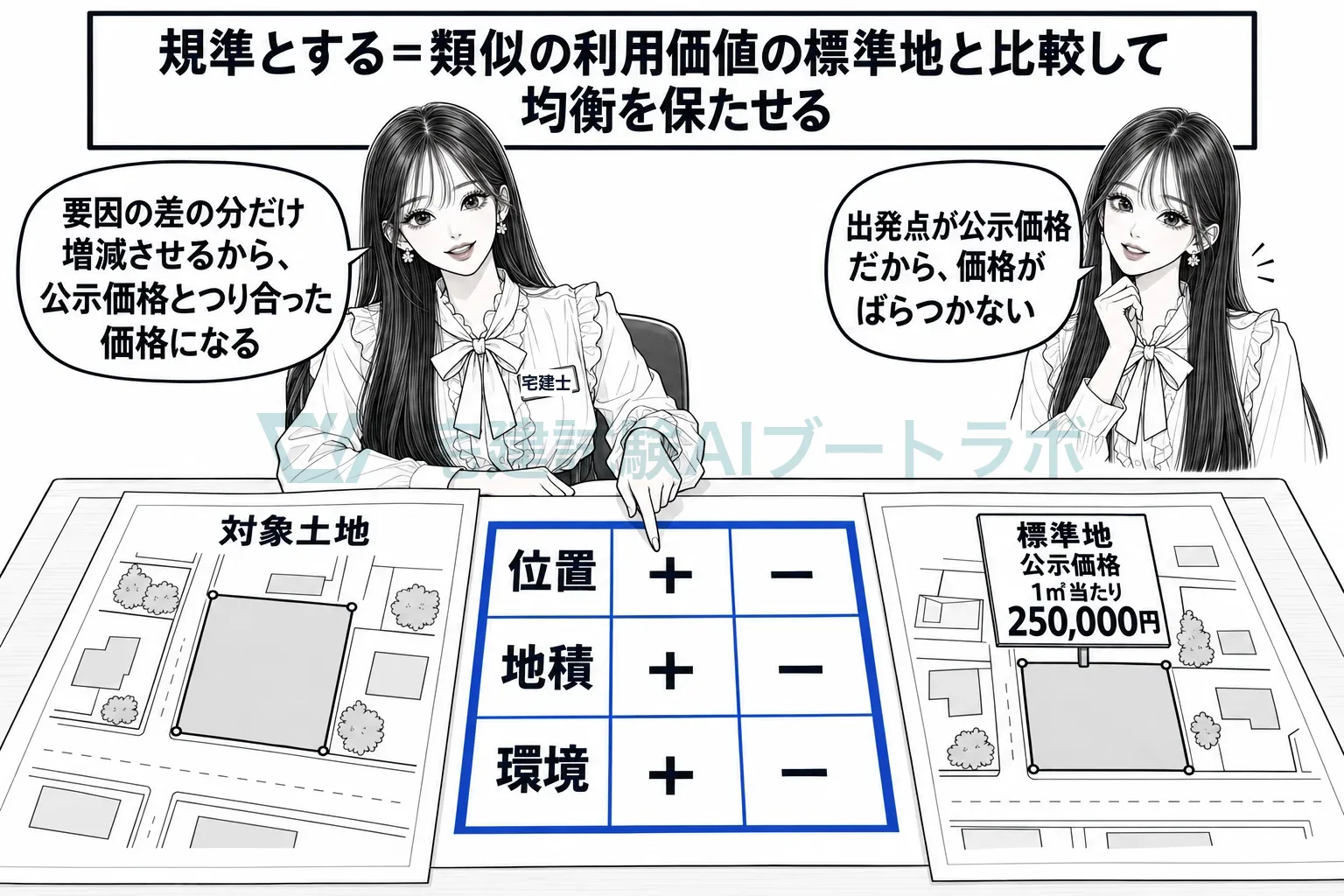 位置や地積、環境の要因を標準地と比べて、公示価格とつり合わせる。