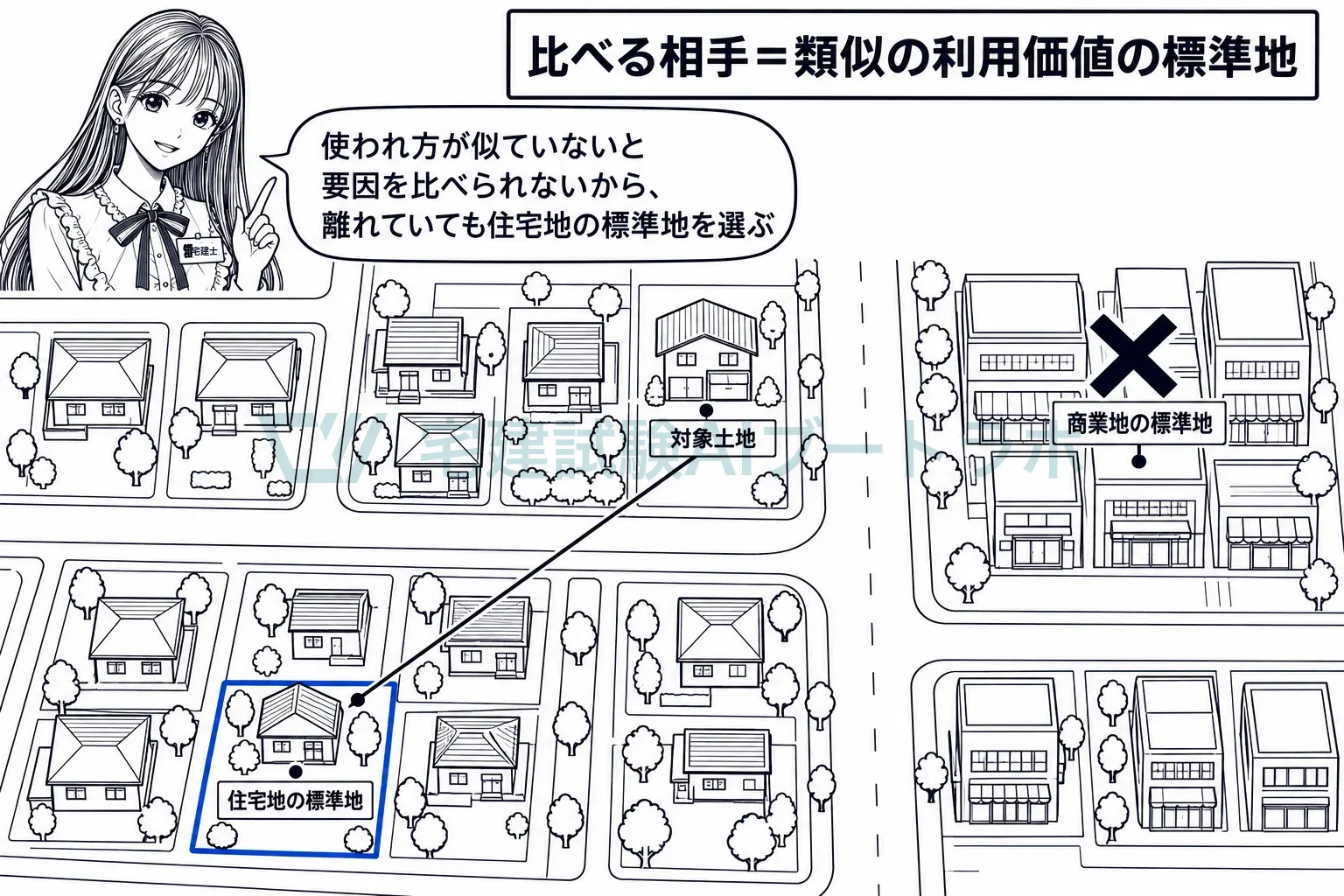 近さではなく使われ方の似た標準地と比べるから、離れた住宅地の標準地を選ぶ。